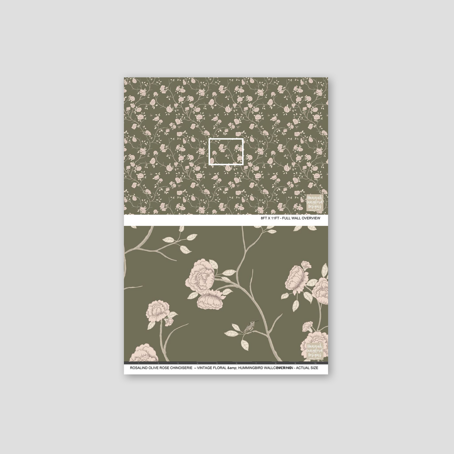 Olive green wallpaper with blush floral and hummingbird pattern.