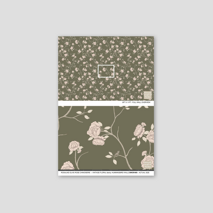 Olive green wallpaper with blush floral and hummingbird pattern.