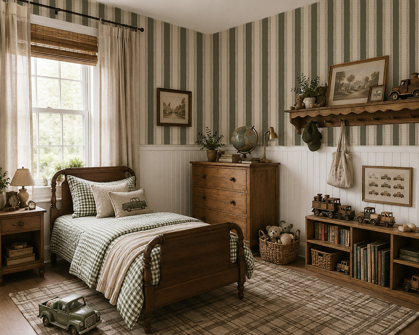 Olive green lace-striped wallpaper in a cozy vintage bedroom with wooden furniture.