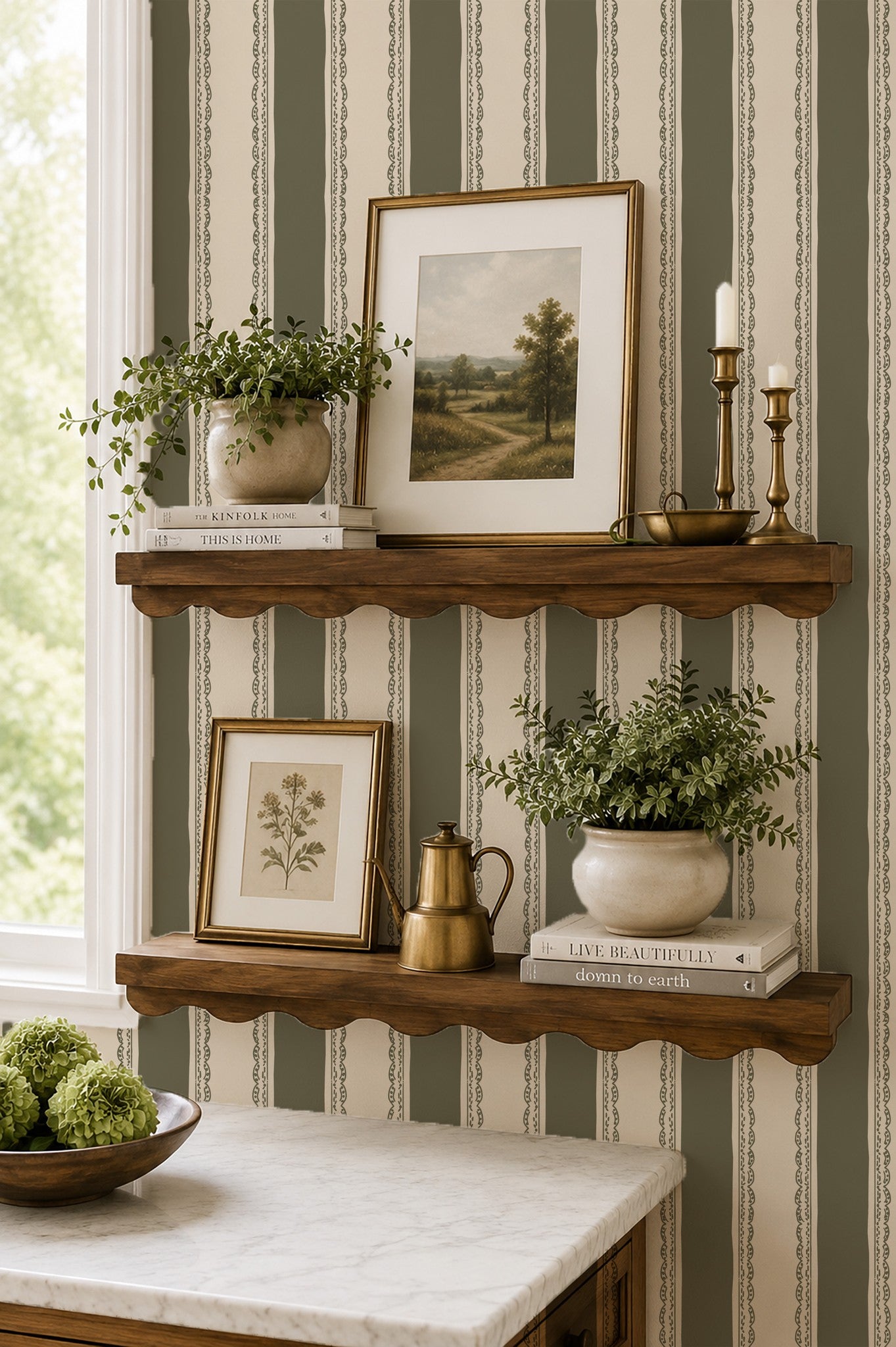 Olive green striped wallpaper with lace details in cozy room with shelves and decor.