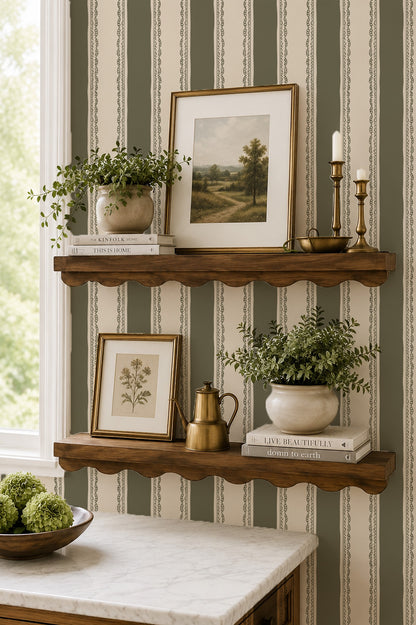 Olive green striped wallpaper with lace details in cozy room with shelves and decor.