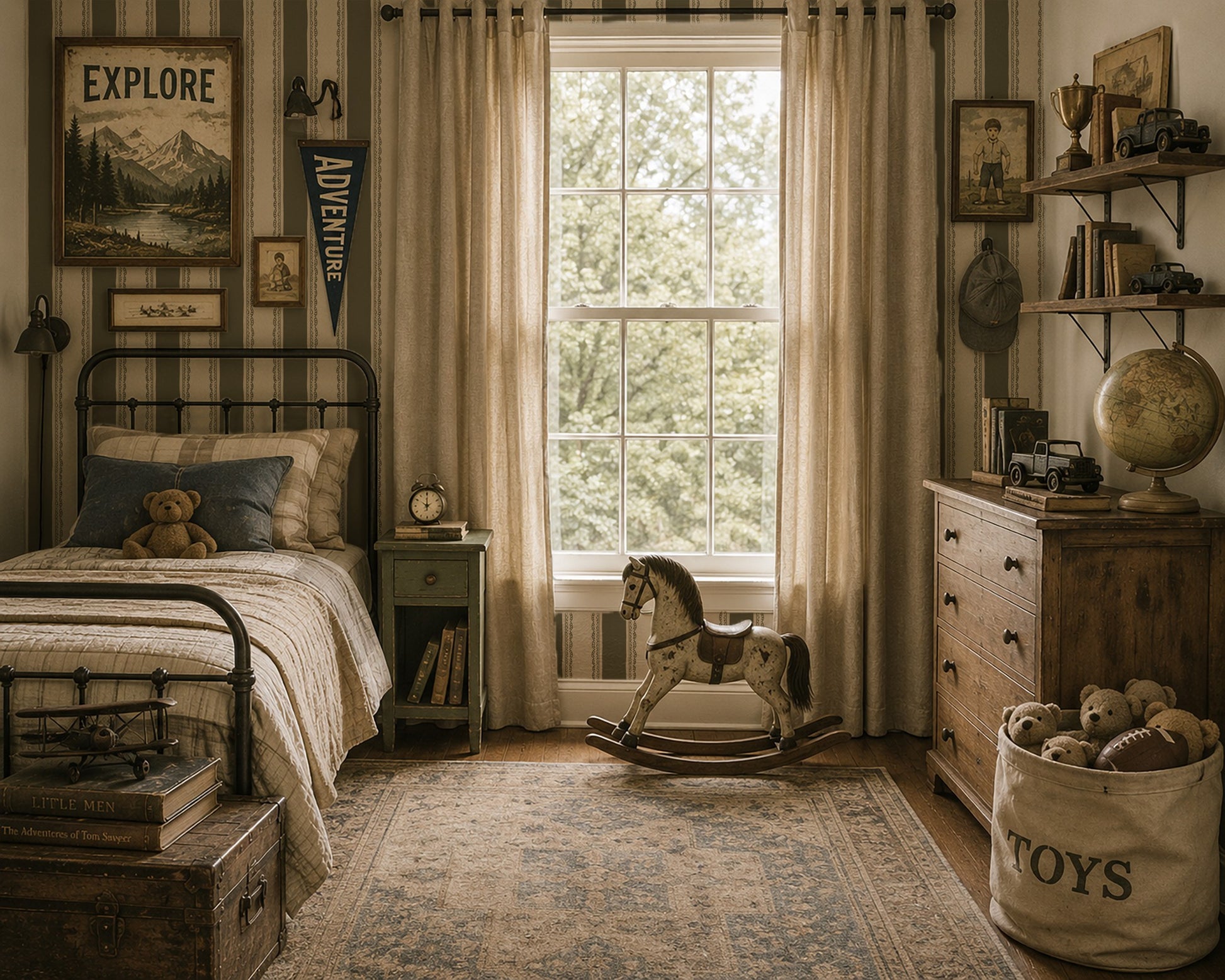 Olive green striped wallpaper in vintage-style bedroom with rustic decor.
