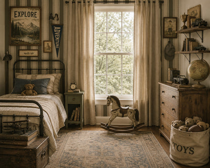 Olive green striped wallpaper in vintage-style bedroom with rustic decor.