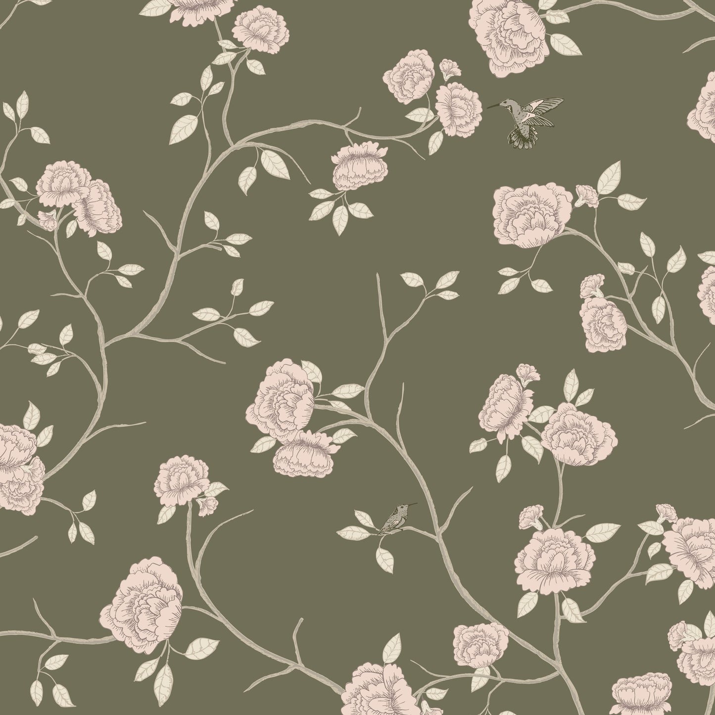 Vintage olive green wallpaper with blush florals and hummingbird pattern.