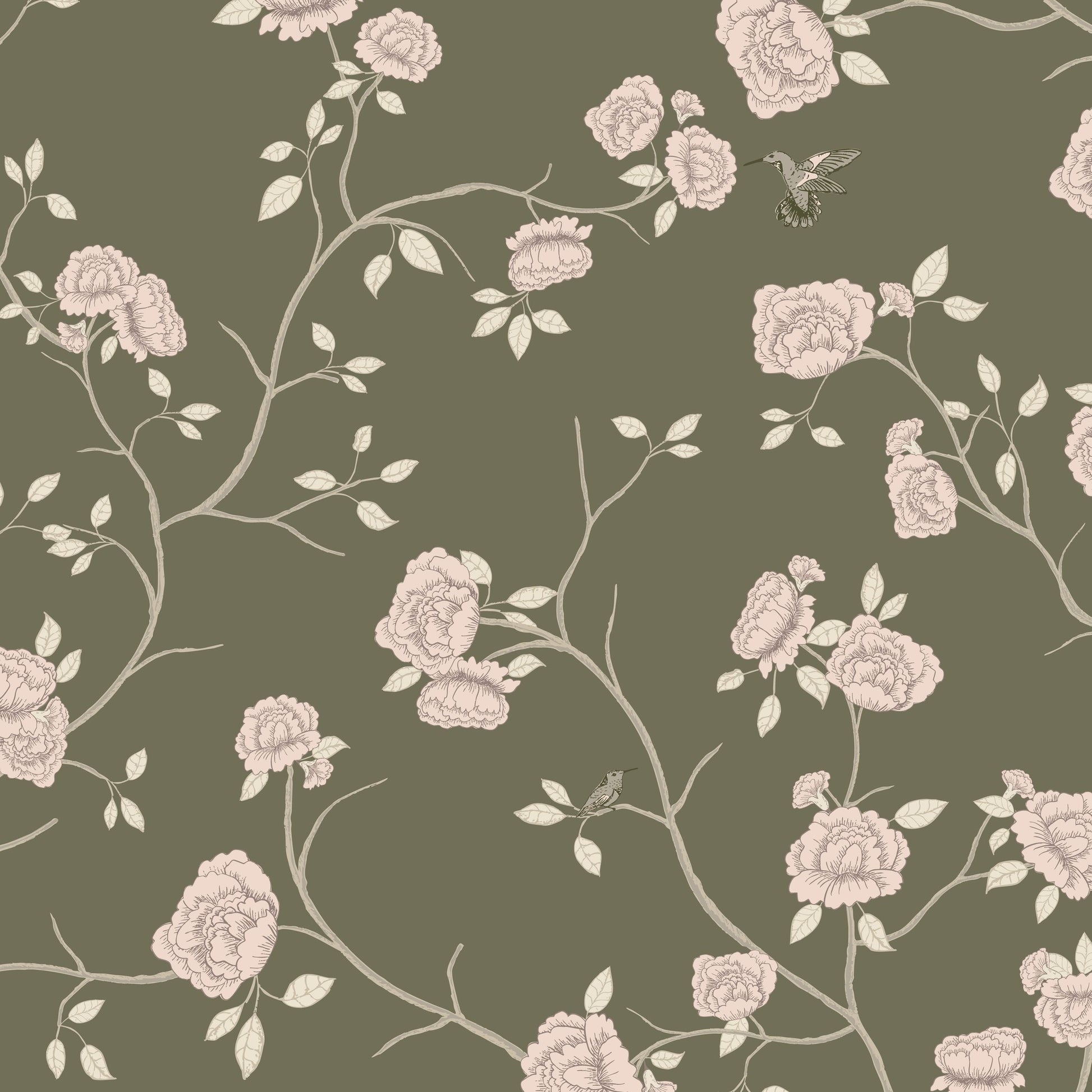 Vintage olive green wallpaper with blush florals and hummingbird pattern.