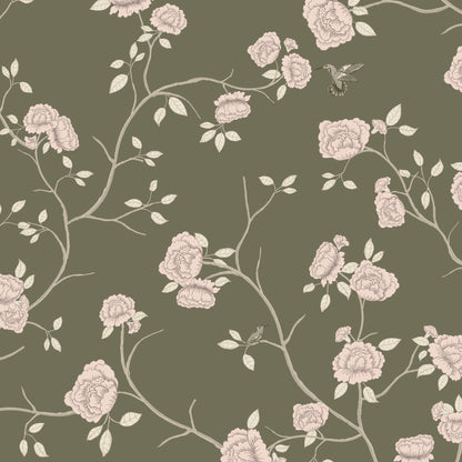 Vintage olive green wallpaper with blush florals and hummingbird pattern.