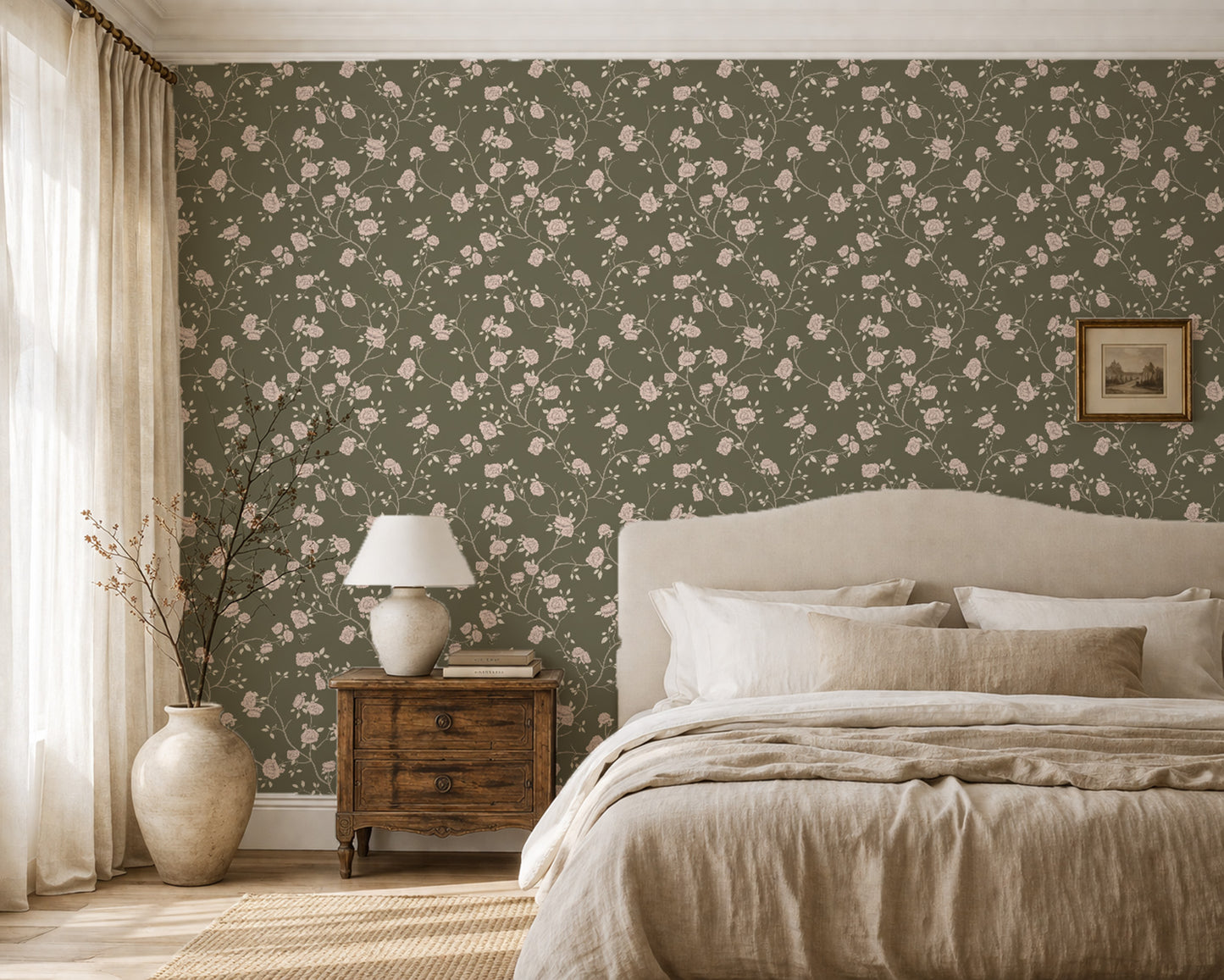 Olive rose floral chinoiserie wallpaper in elegant bedroom with vintage decor.