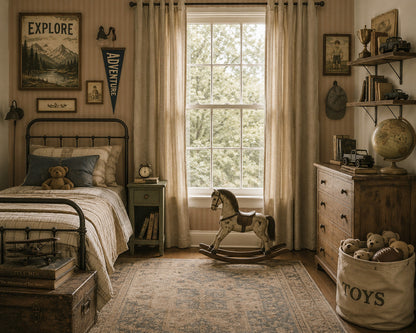 Cozy bedroom with Organic Stripes Ecru wallpaper, vintage decor, and natural light.