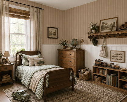Organic Stripes Ecru wallpaper in a cozy vintage-style bedroom with wooden furniture.