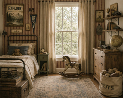 Organic Stripes Red wallpaper in vintage-style bedroom with rustic decor.