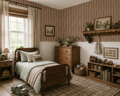 Organic Stripes Red wallpaper in a cozy vintage bedroom with wooden furniture.
