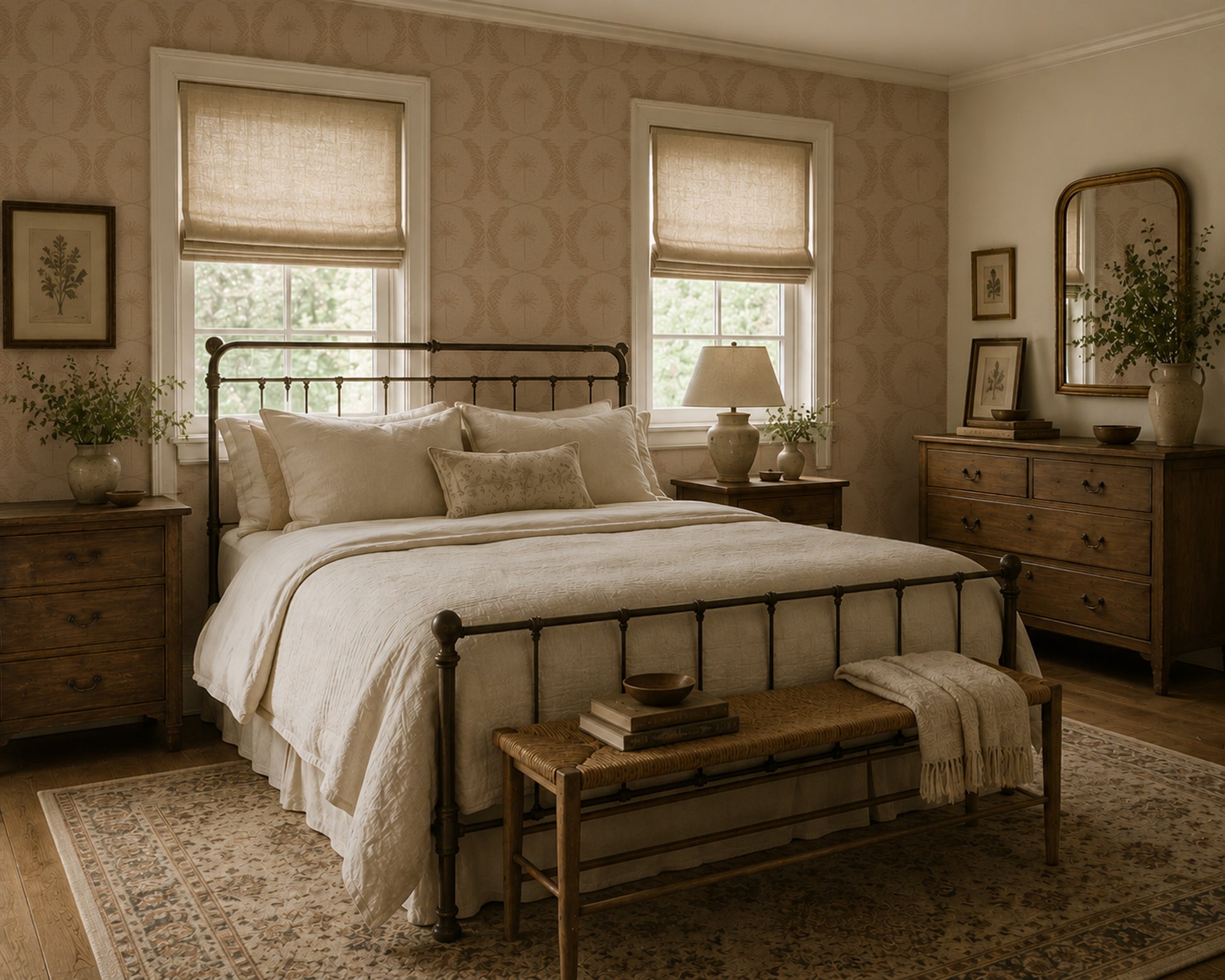 Palm wreath cream wallpaper in cozy bedroom with rustic decor.