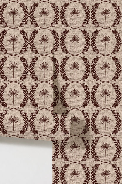 Palm wreath red wallpaper with mahogany palm motifs on beige background.