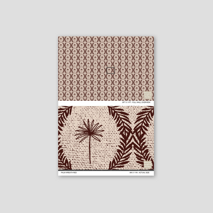 Palm Wreath Red wallpaper with mahogany palm motifs on beige background.