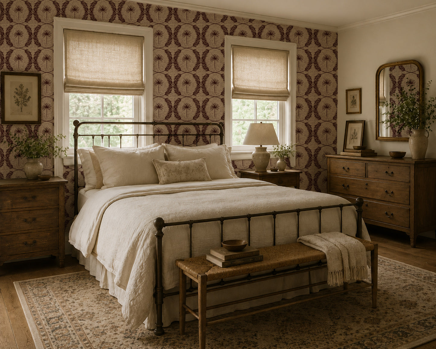 Palm wreath red wallpaper in cozy bedroom with vintage decor.