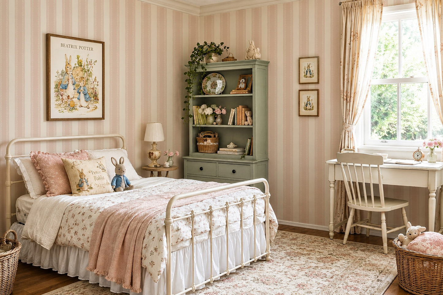 Pink and cream striped wallpaper in vintage bedroom with green cabinet and floral decor.
