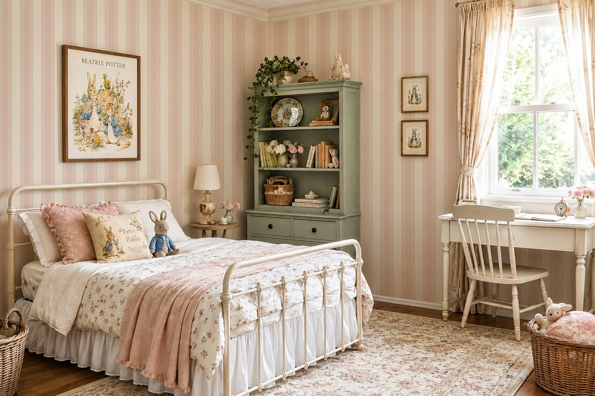 Pink and cream striped wallpaper in vintage bedroom with green cabinet and floral decor.