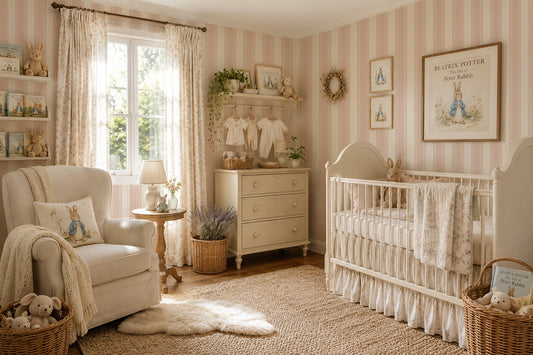 Pink and cream striped wallpaper in a vintage nursery with crib and armchair.