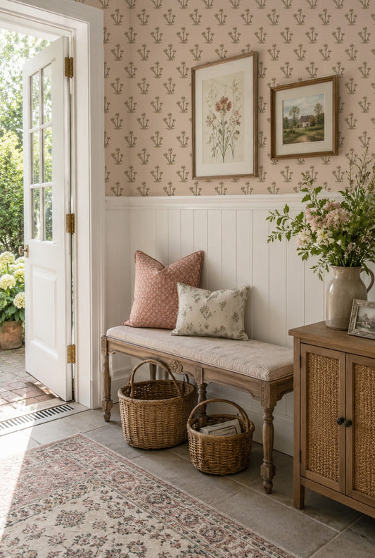 Pink floral block print wallpaper in cozy entryway with bench and decor.