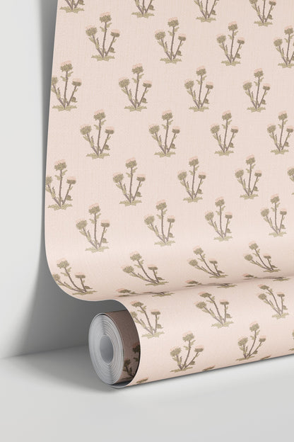 Pink floral wallpaper with textured botanical pattern in a roll.