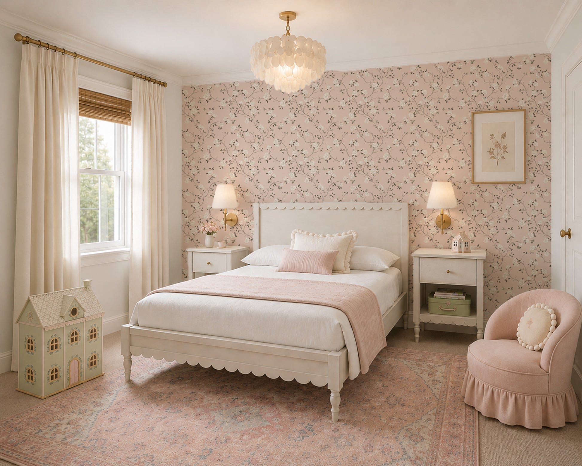 Elegant bedroom with pink floral chinoiserie wallpaper, vintage furniture, and soft lighting.