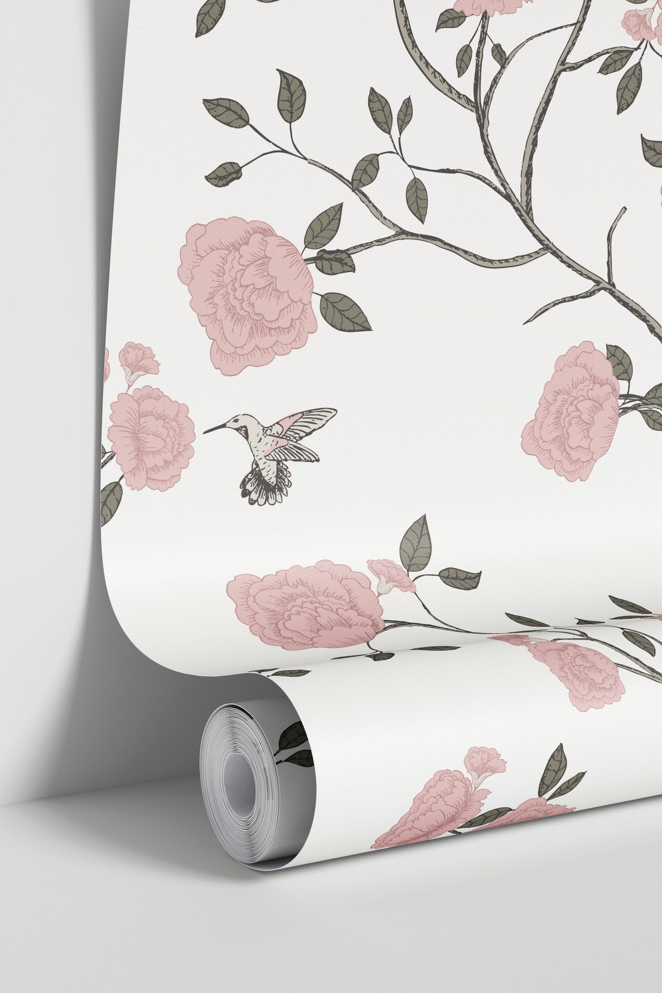 Pink floral and hummingbird wallpaper roll with branches and leaves.