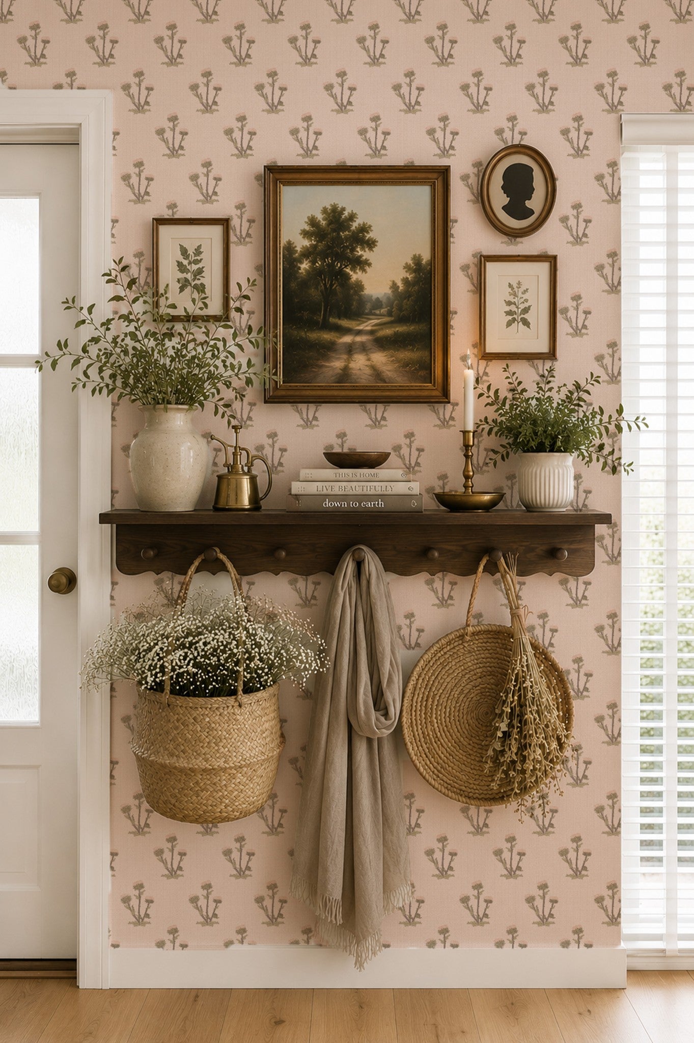 Pink floral wallpaper with botanical motif in cozy living room setting.