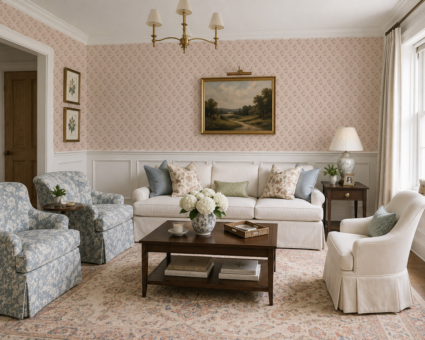 Pink floral wallpaper in elegant living room with classic furniture and decor.