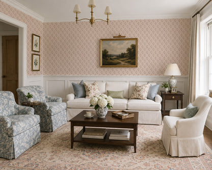Pink floral wallpaper in elegant living room with classic furniture and decor.
