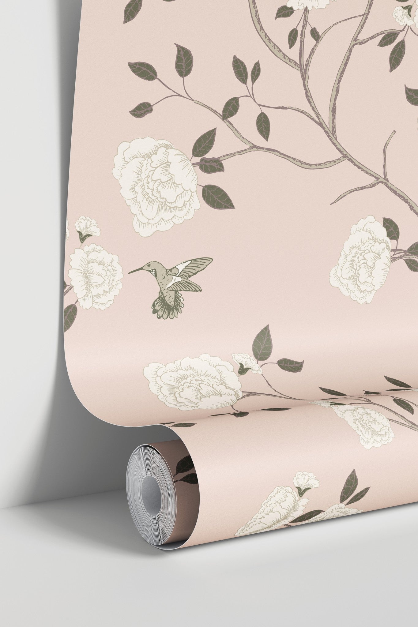 Pink floral wallpaper with ivory roses and hummingbird design.