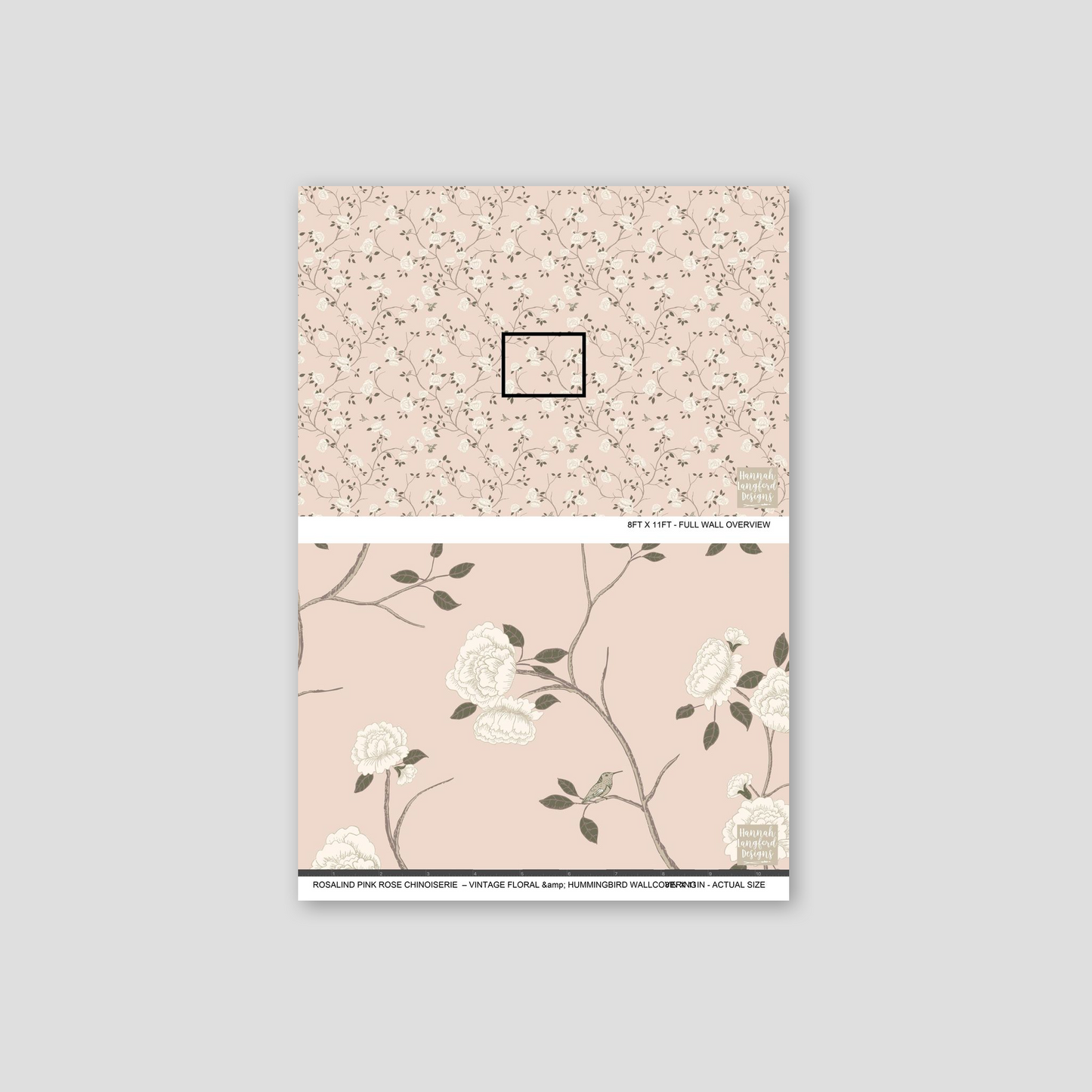 Pink rose chinoiserie wallpaper with ivory blooms and sage leaves on blush background.