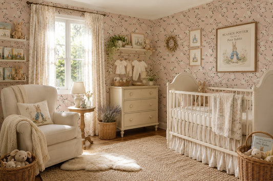 Vintage pink rose wallpaper in cozy nursery with crib and armchair.