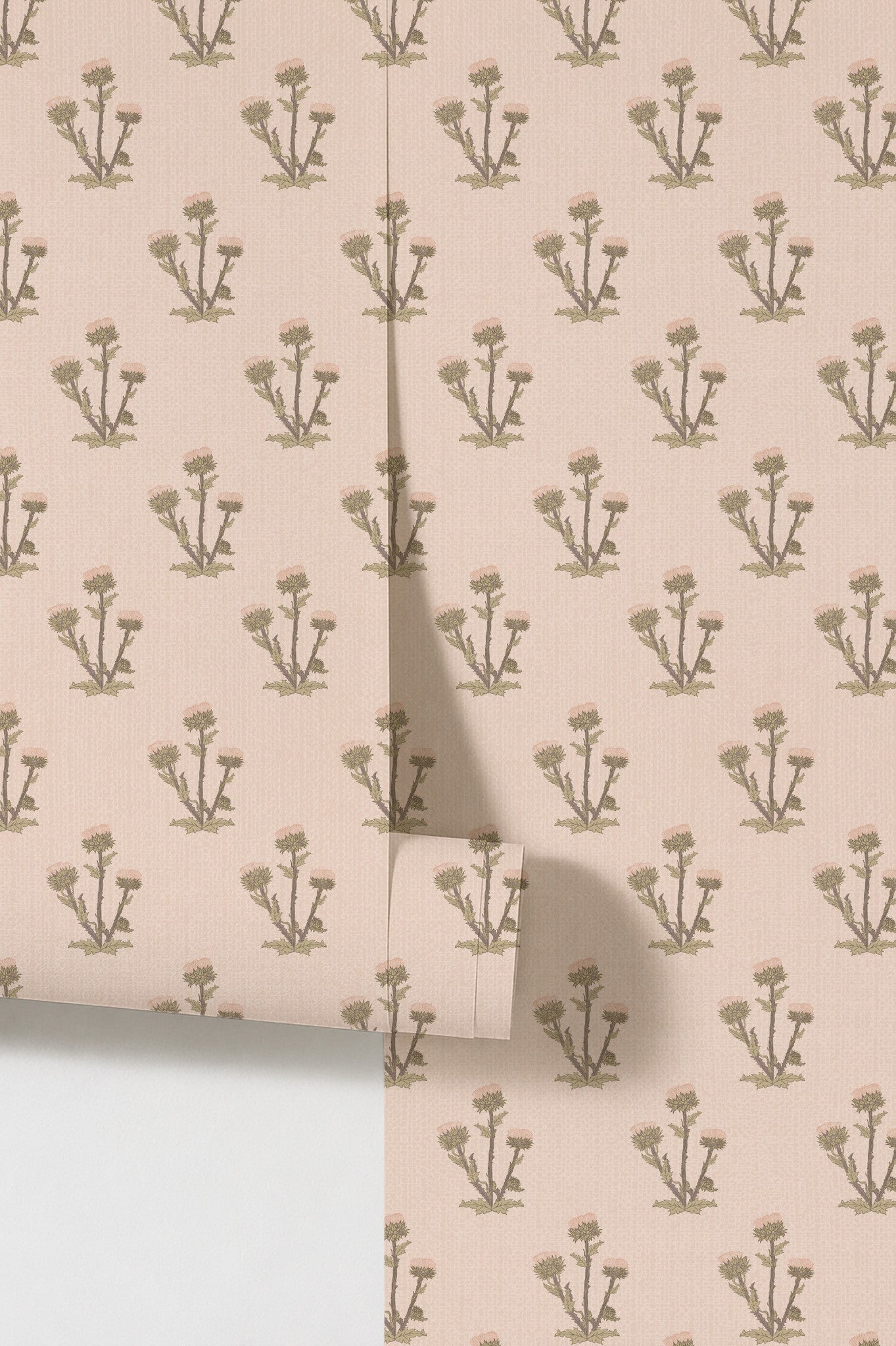 Pink floral wallpaper with thistle pattern and textured background
