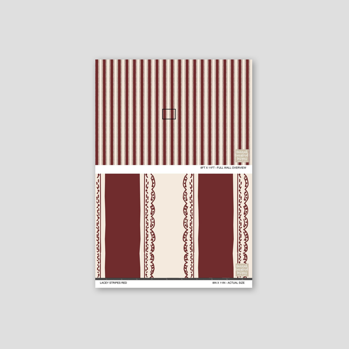 Red and cream striped wallpaper with lace detailing, elegant vintage style.
