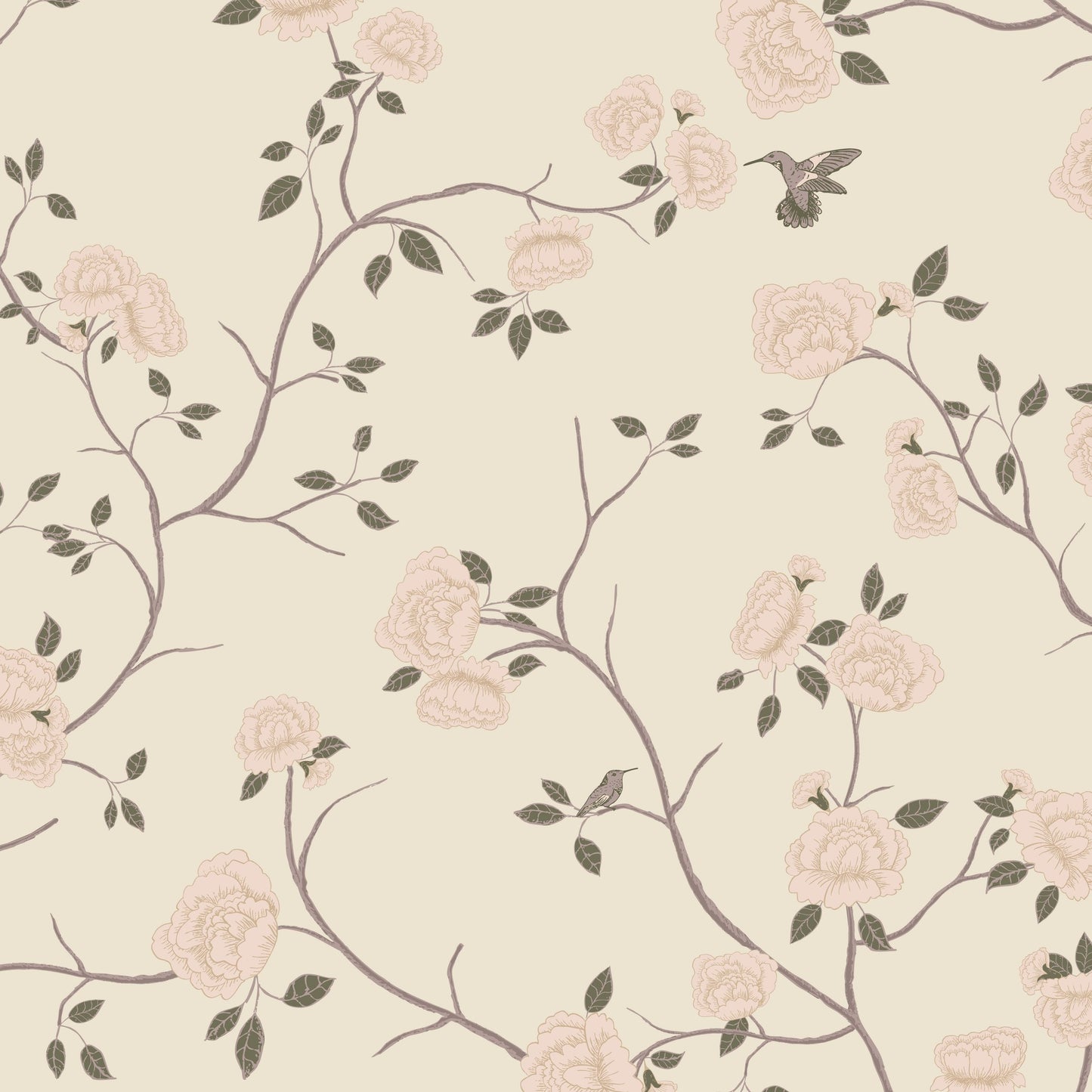 Cream wallpaper with blush roses, green leaves, branches, and hummingbirds in a vintage style.