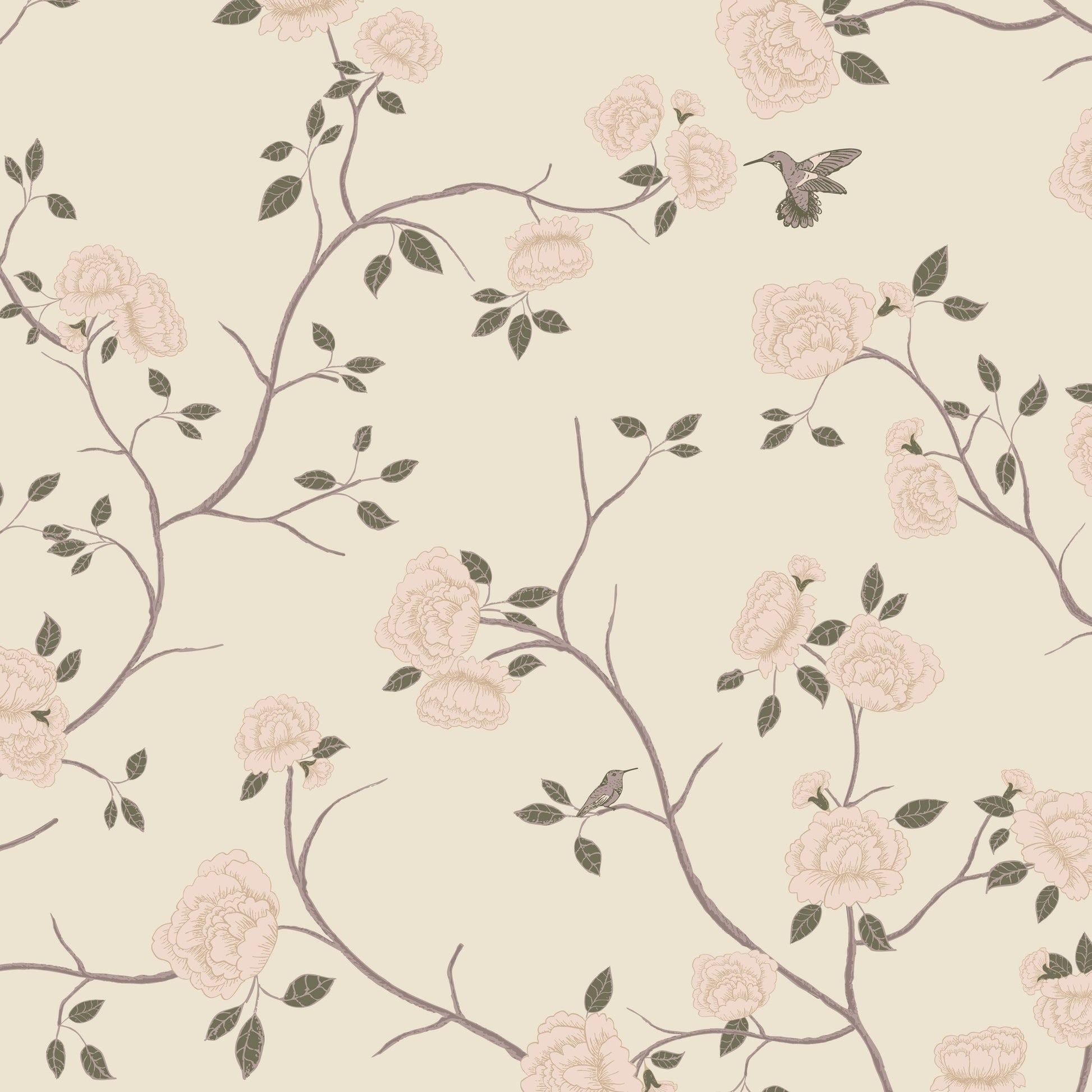 Cream wallpaper with blush roses, green leaves, branches, and hummingbirds in a vintage style.