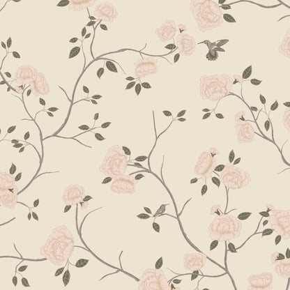 Cream wallpaper with blush roses, green leaves, branches, and hummingbirds in a vintage style.