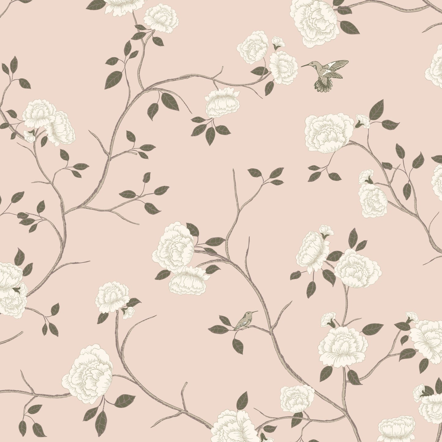 Pink wallpaper with ivory roses, sage leaves, and hummingbirds in a vintage floral design.