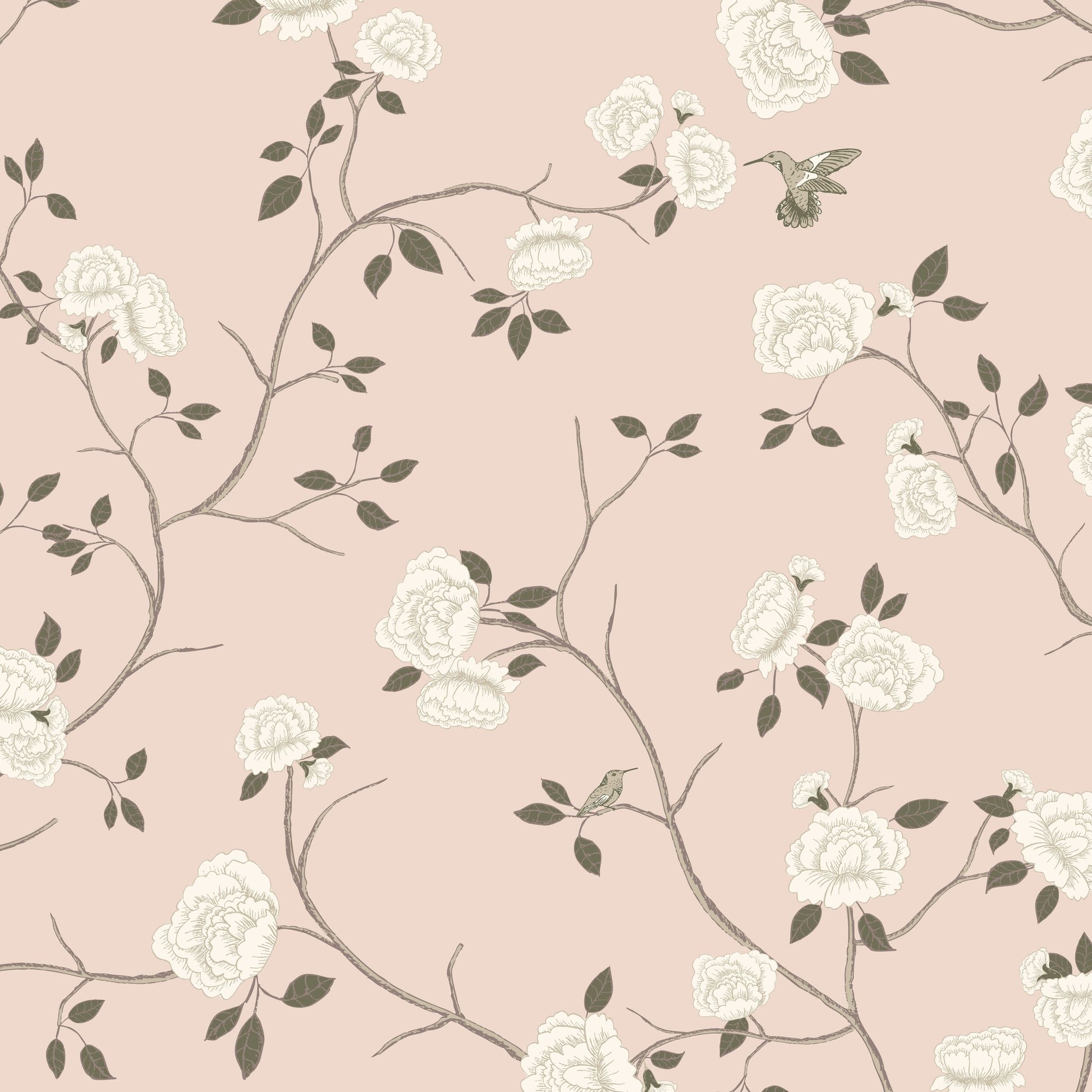 Pink wallpaper with ivory roses, sage leaves, and hummingbirds in a vintage floral design.