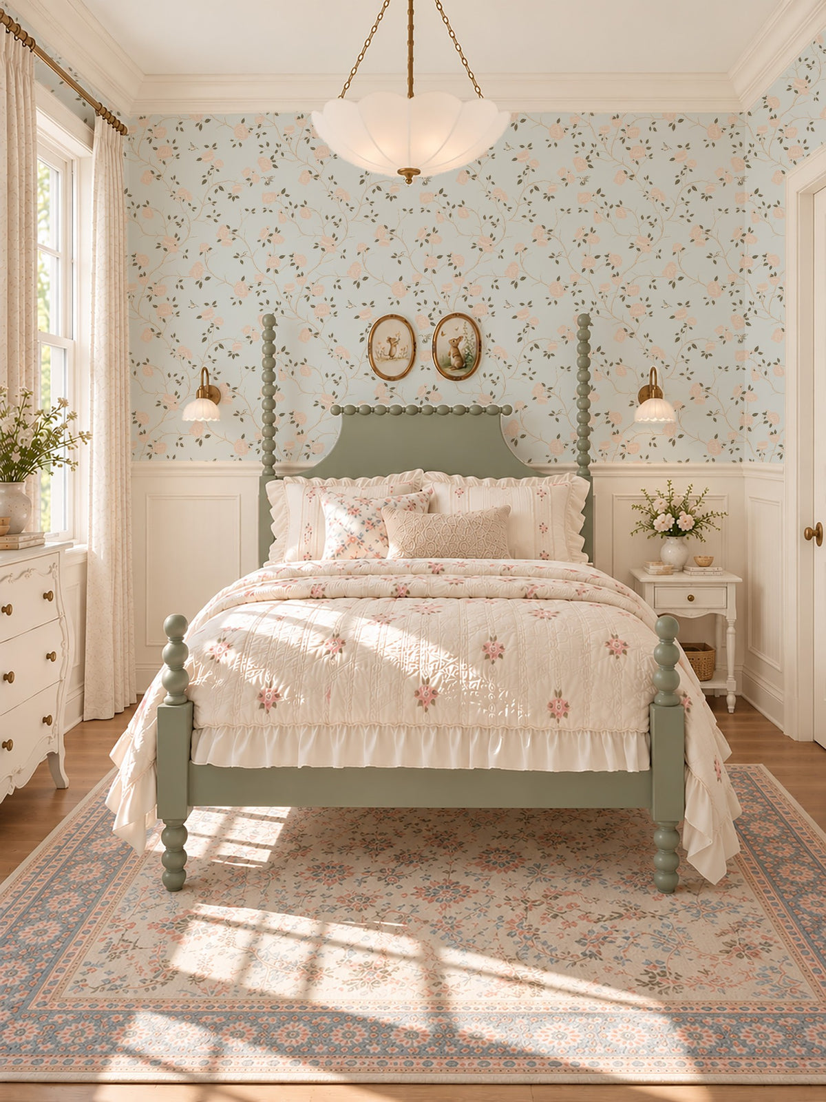 Chinoiserie wallpaper with pink roses on blue in vintage bedroom setting.