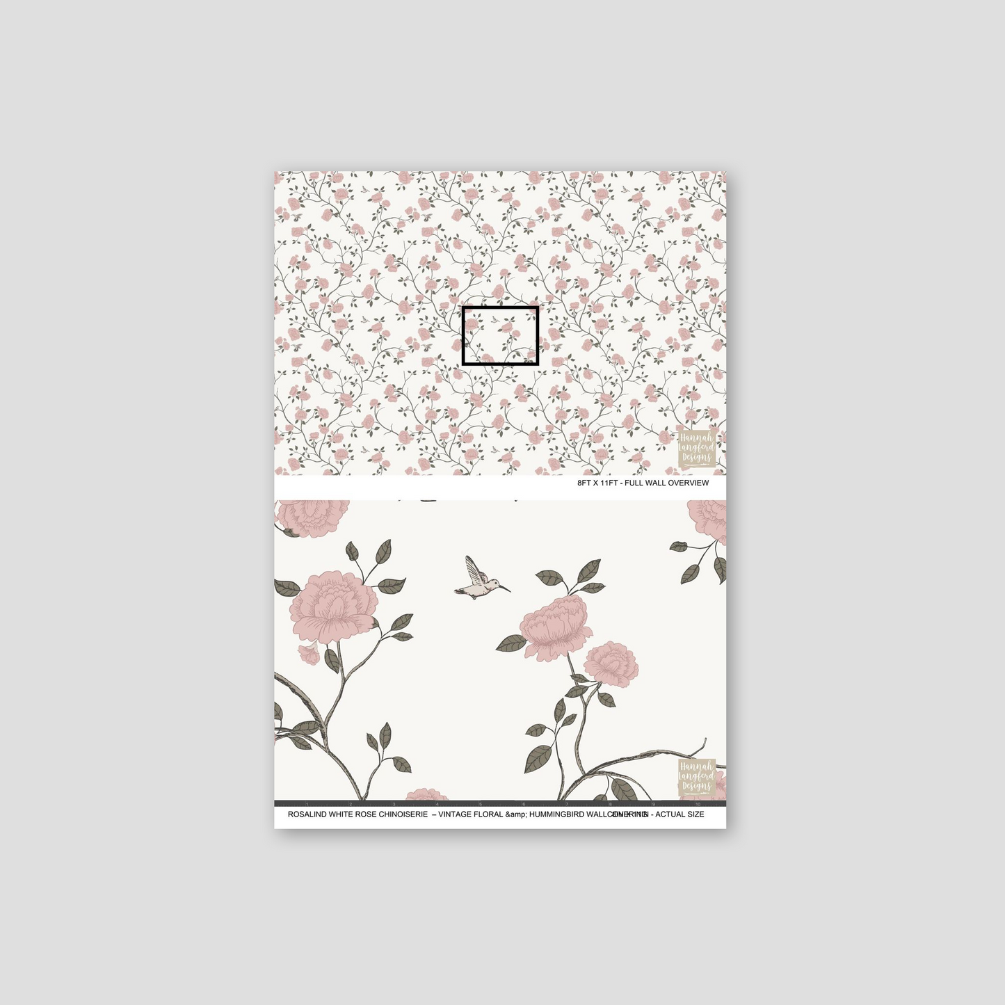 Rosalind white rose chinoiserie wallpaper with pink floral and hummingbird design.