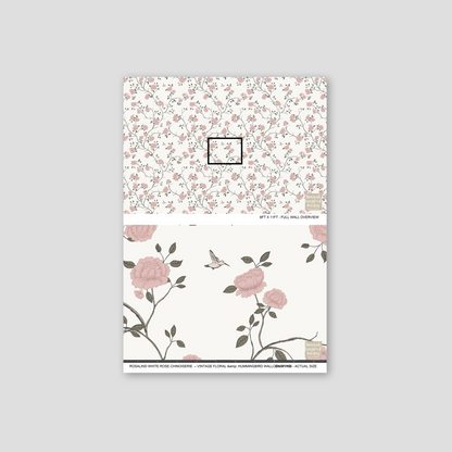 Rosalind white rose chinoiserie wallpaper with pink floral and hummingbird design.