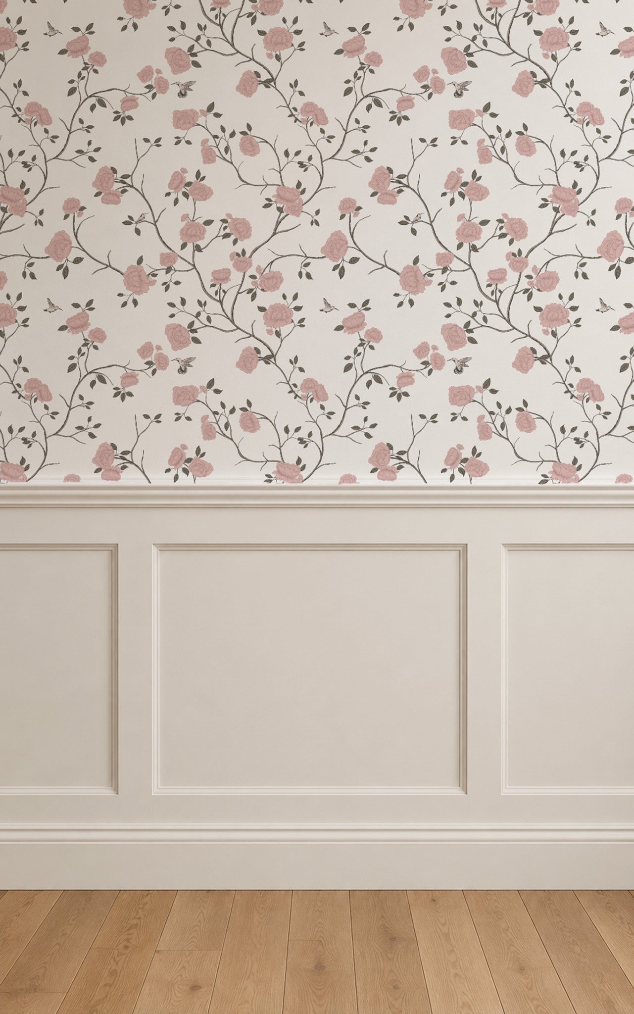 Chinoiserie wallpaper with pink roses and vines on a white background in a classic room.