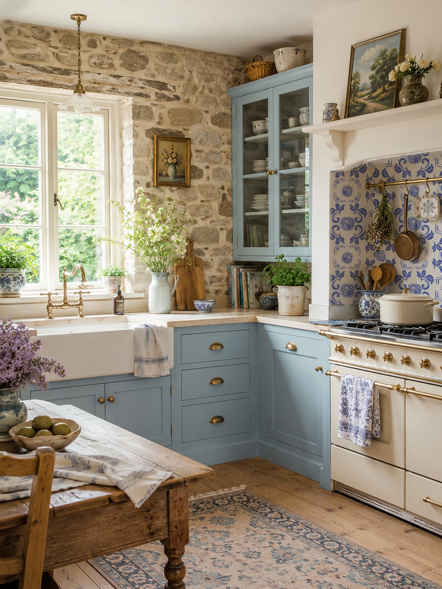 Rustic kitchen with blue floral Delft tile backsplash, stone wall, and wooden furniture.