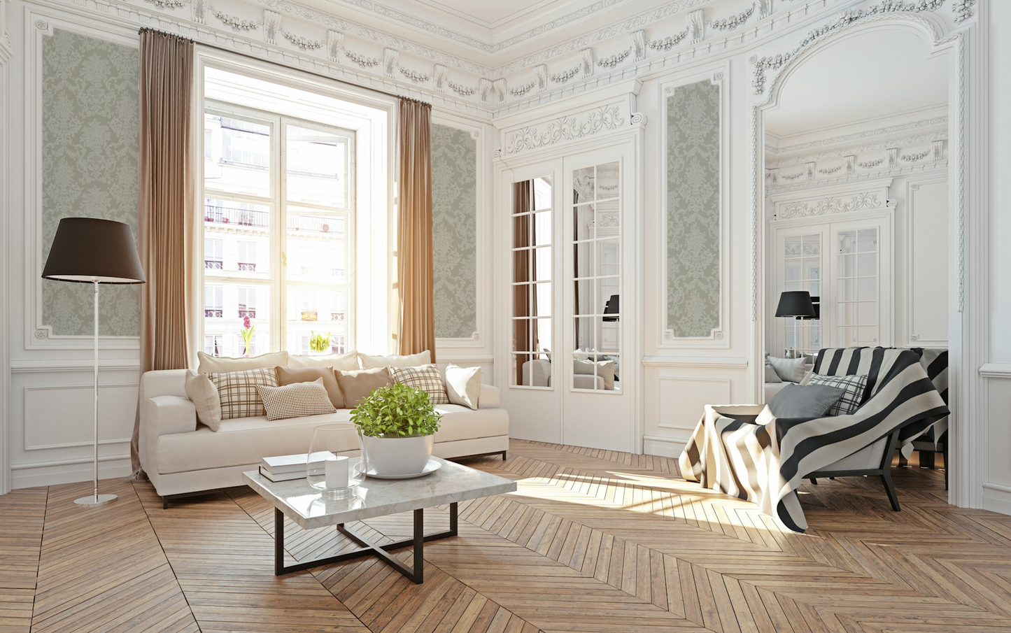 Elegant living room with sage damask wallpaper, white moldings, and modern furniture.