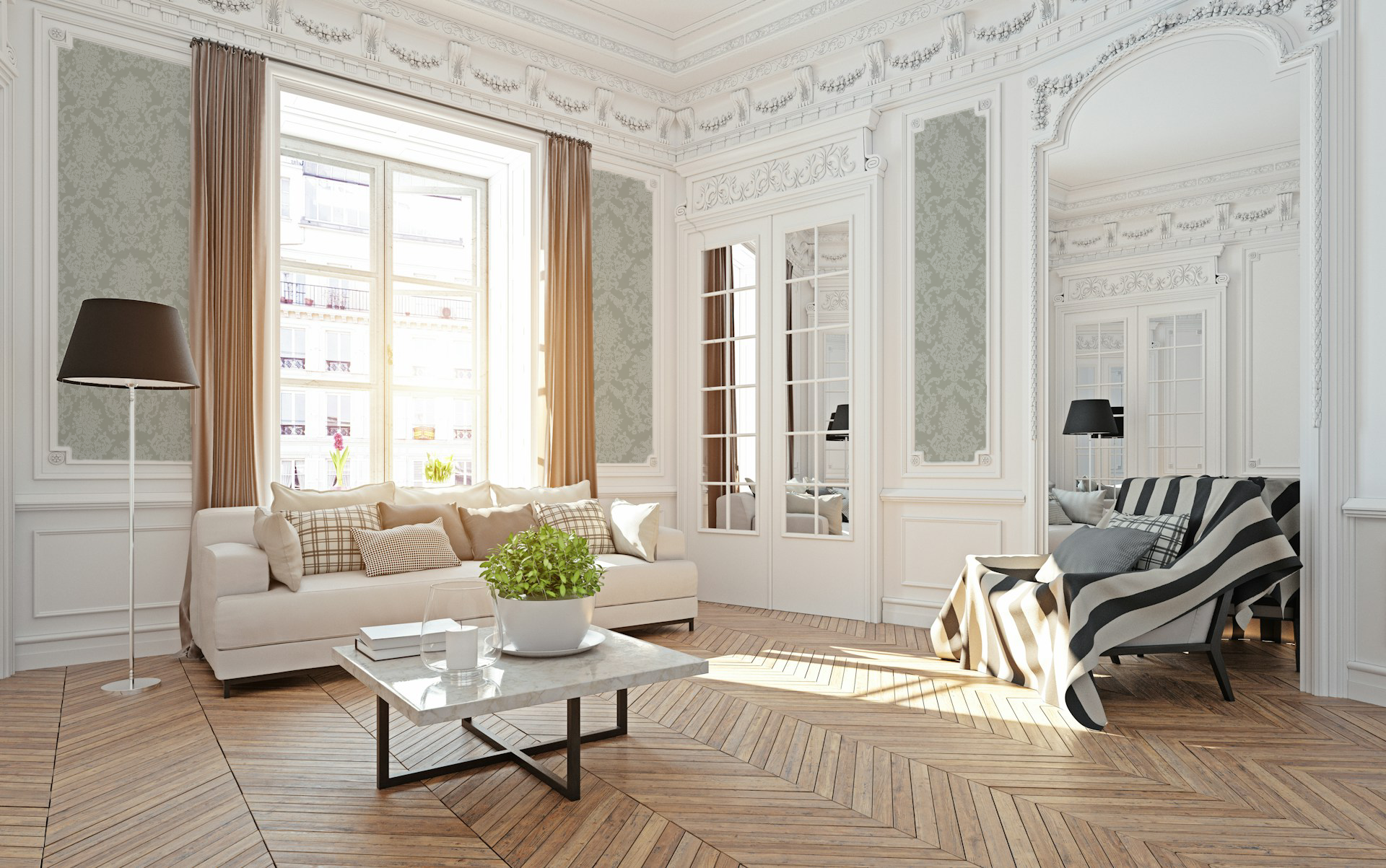 Elegant living room with sage damask wallpaper, white moldings, and modern furniture.
