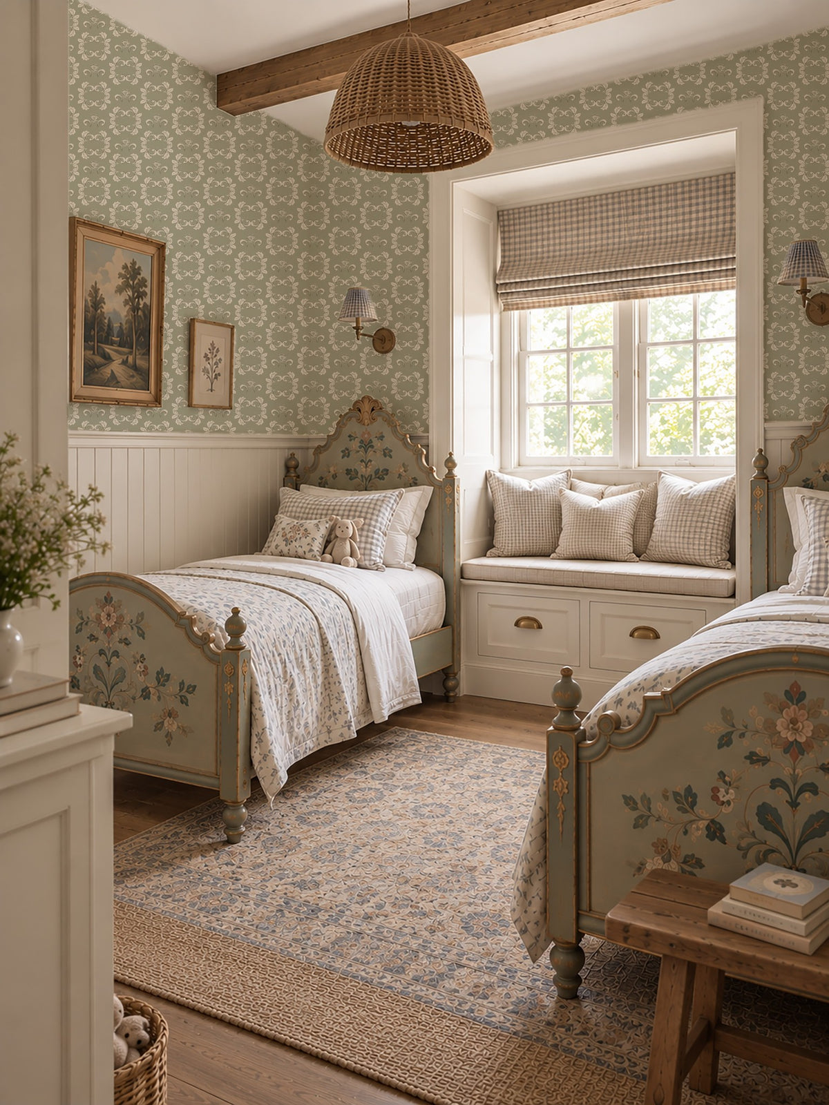 Sage green floral wallpaper in cozy bedroom with twin beds and vintage decor.