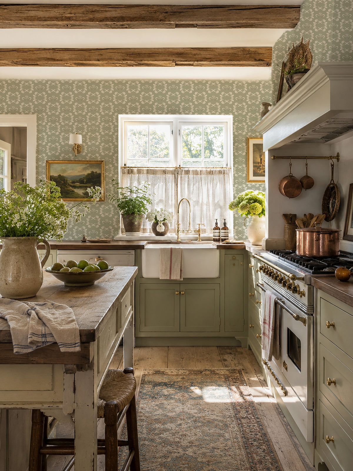 Sage green floral wallpaper in a rustic kitchen with wooden beams and vintage decor.