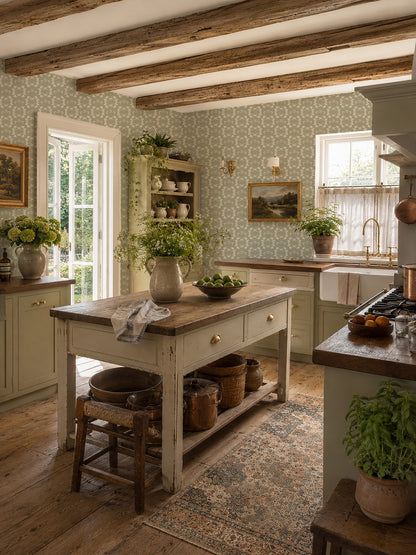 Sage green floral wallpaper in rustic kitchen with wooden beams.