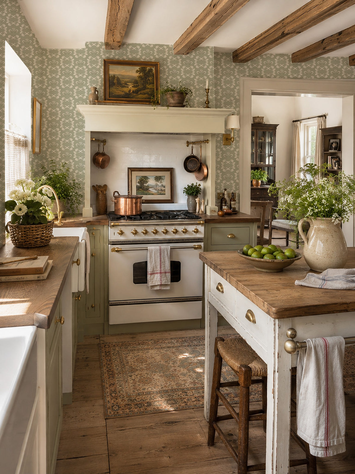 Sage green floral wallpaper in rustic kitchen with wooden beams and vintage decor.
